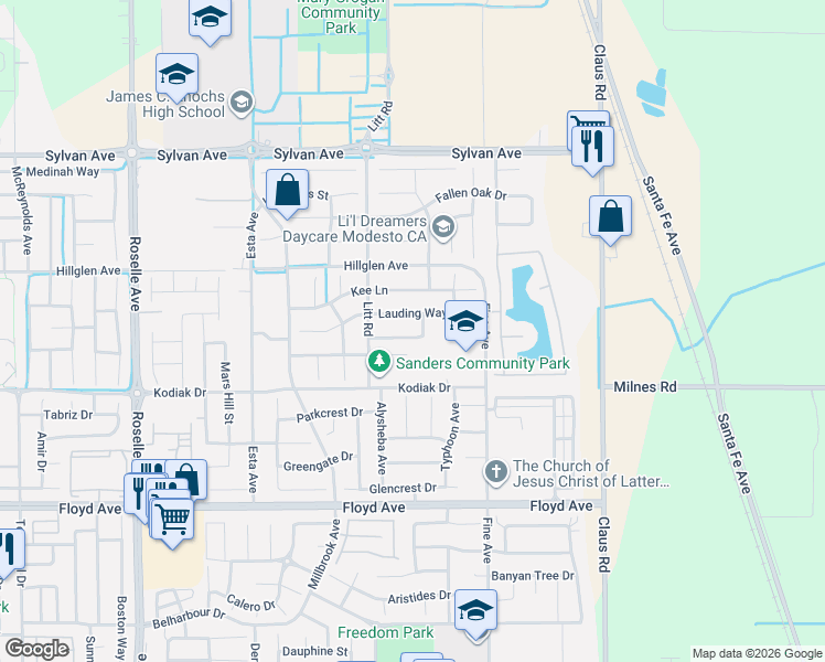 map of restaurants, bars, coffee shops, grocery stores, and more near Kodiak Drive in Modesto