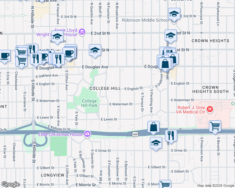 map of restaurants, bars, coffee shops, grocery stores, and more near 209 South Belmont Street in Wichita