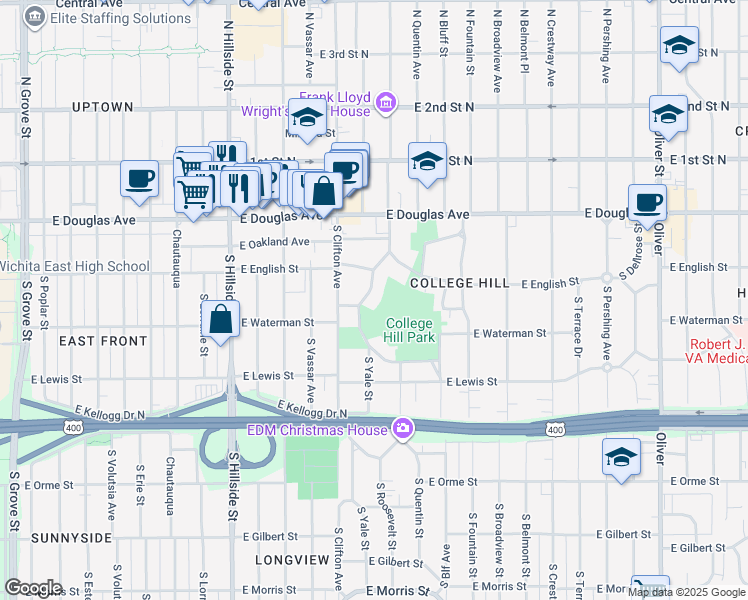 map of restaurants, bars, coffee shops, grocery stores, and more near 236 South Circle Drive in Wichita