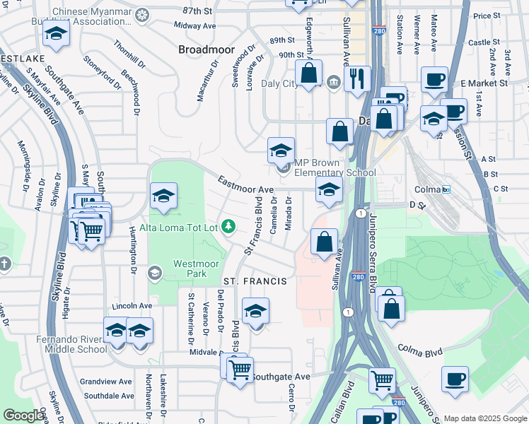 map of restaurants, bars, coffee shops, grocery stores, and more near 156 Saint Francis Boulevard in Daly City