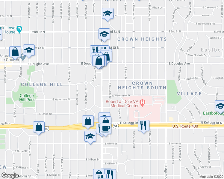 map of restaurants, bars, coffee shops, grocery stores, and more near 236 South Glendale Street in Wichita