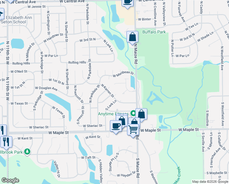 map of restaurants, bars, coffee shops, grocery stores, and more near 118 Karren Court in Wichita