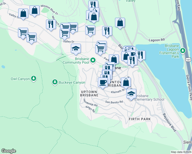 map of restaurants, bars, coffee shops, grocery stores, and more near 460 Mendocino Street in Brisbane