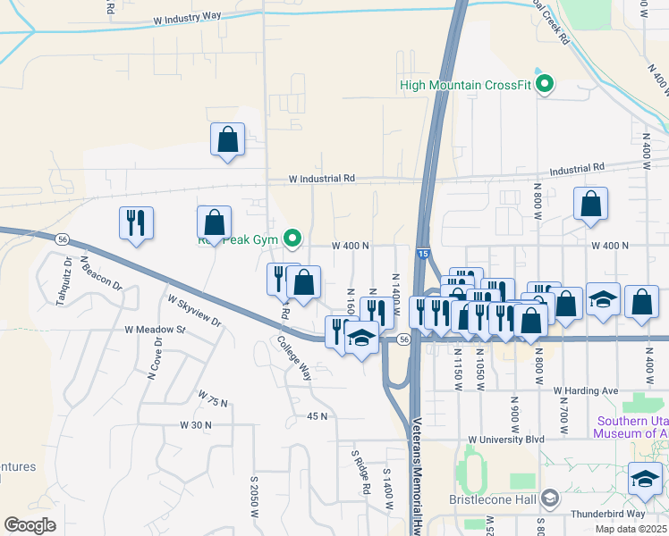 map of restaurants, bars, coffee shops, grocery stores, and more near 355 North Wood Circle in Cedar City
