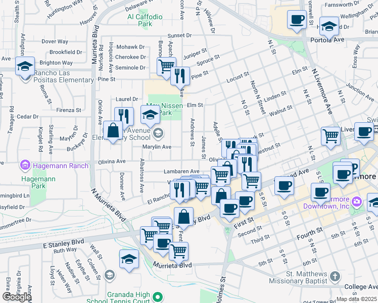 map of restaurants, bars, coffee shops, grocery stores, and more near 355 Andrews Street in Livermore