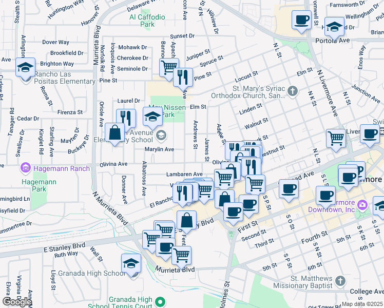 map of restaurants, bars, coffee shops, grocery stores, and more near 355 Andrews Street in Livermore