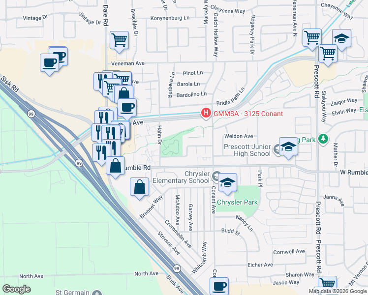 map of restaurants, bars, coffee shops, grocery stores, and more near 3000 Fireweed Way in Modesto