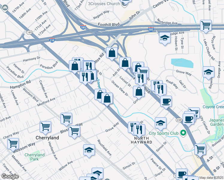 map of restaurants, bars, coffee shops, grocery stores, and more near 21258 Birch Street in Hayward