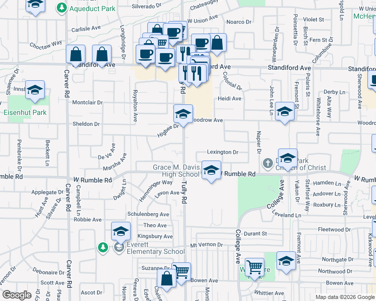 map of restaurants, bars, coffee shops, grocery stores, and more near 3015 Tully Road in Modesto