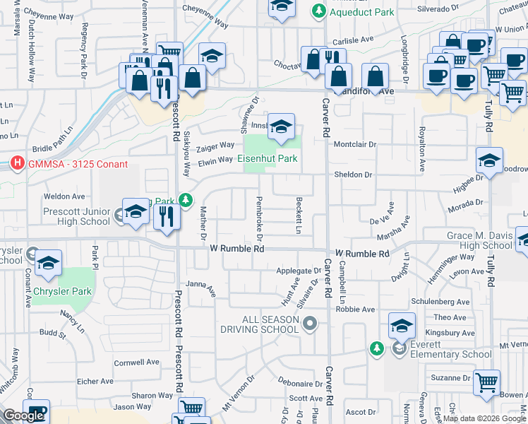 map of restaurants, bars, coffee shops, grocery stores, and more near 1828 Langton Lane in Modesto