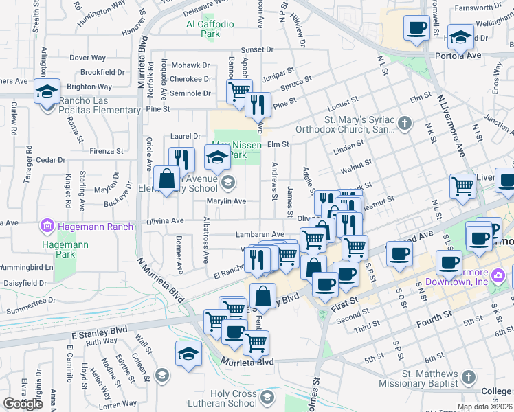 map of restaurants, bars, coffee shops, grocery stores, and more near in Livermore