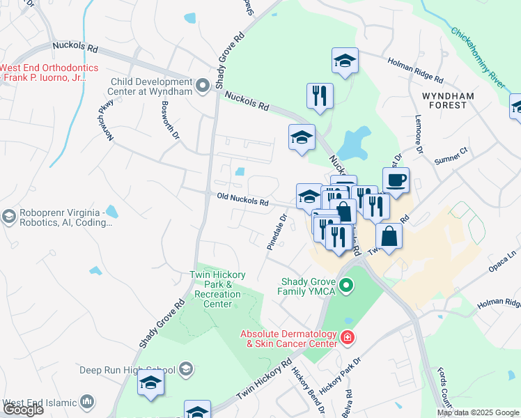 map of restaurants, bars, coffee shops, grocery stores, and more near 1404 New Haven Court in Glen Allen
