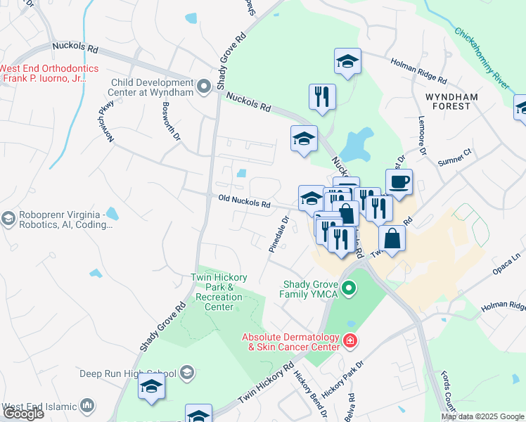 map of restaurants, bars, coffee shops, grocery stores, and more near 1404 New Haven Court in Glen Allen