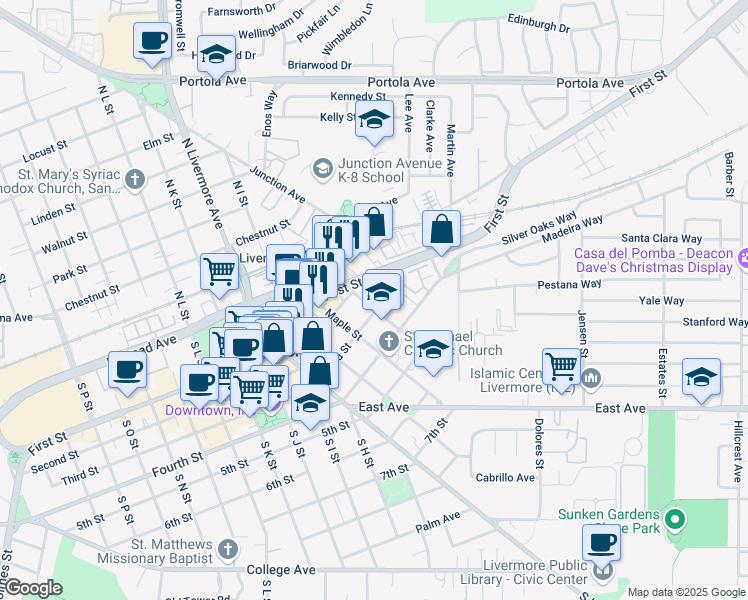 map of restaurants, bars, coffee shops, grocery stores, and more near 328 Church Street in Livermore