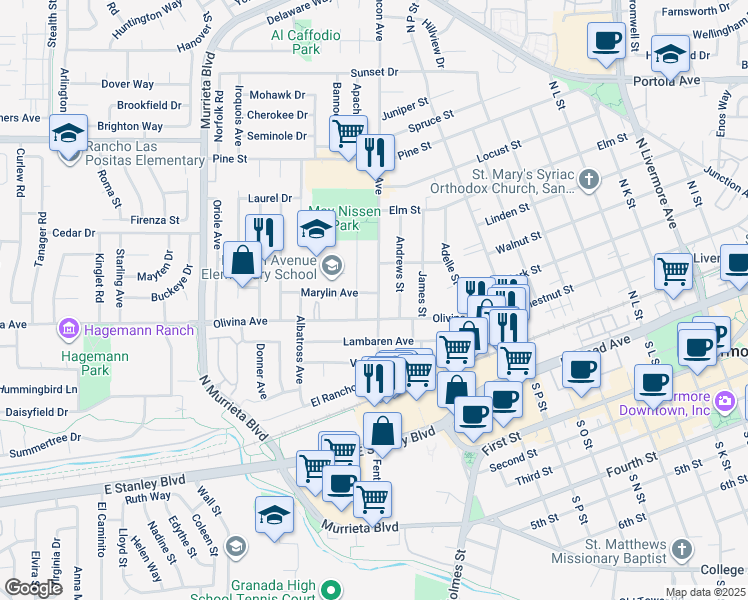 map of restaurants, bars, coffee shops, grocery stores, and more near 981 Marylin Avenue in Livermore