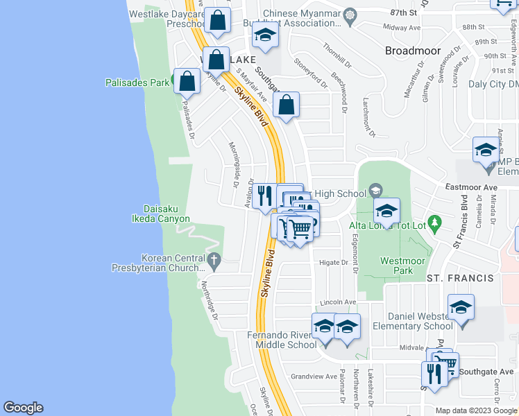 map of restaurants, bars, coffee shops, grocery stores, and more near 346 Westmoor Avenue in Daly City