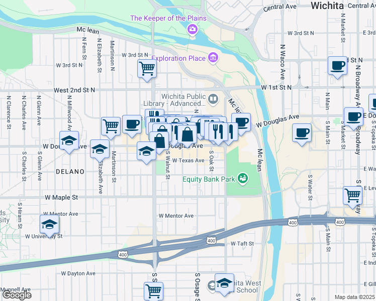 map of restaurants, bars, coffee shops, grocery stores, and more near 815 West Douglas Avenue in Wichita