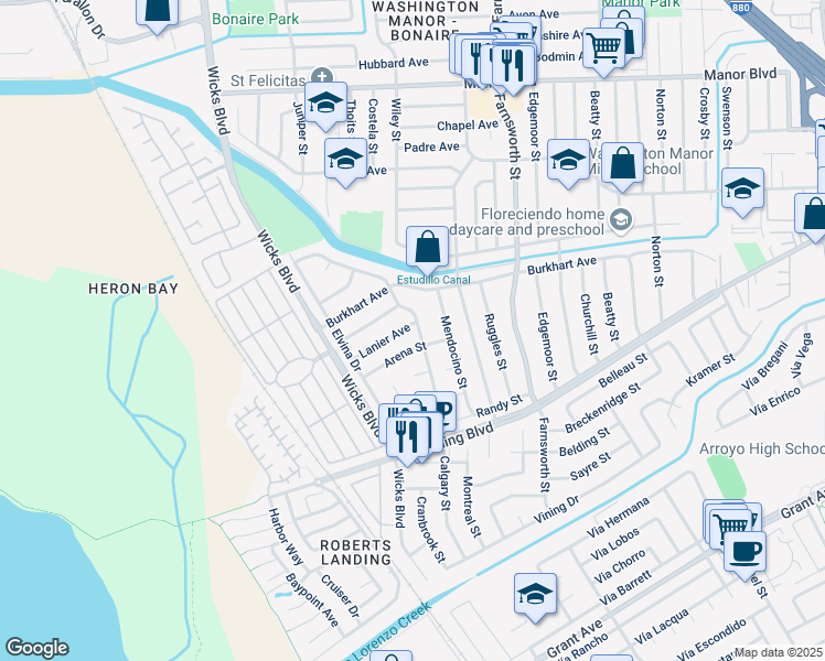 map of restaurants, bars, coffee shops, grocery stores, and more near 1608 Lanier Avenue in San Leandro