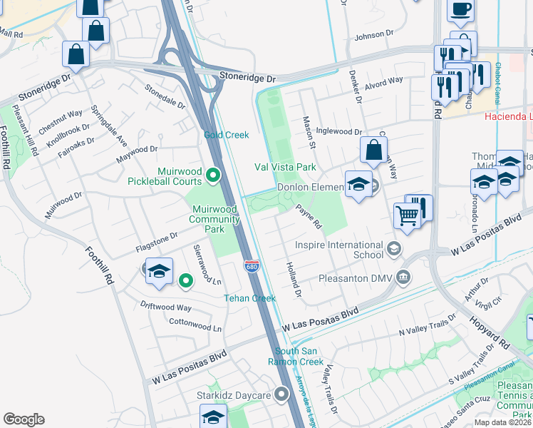 map of restaurants, bars, coffee shops, grocery stores, and more near 6837 Payne Court in Pleasanton