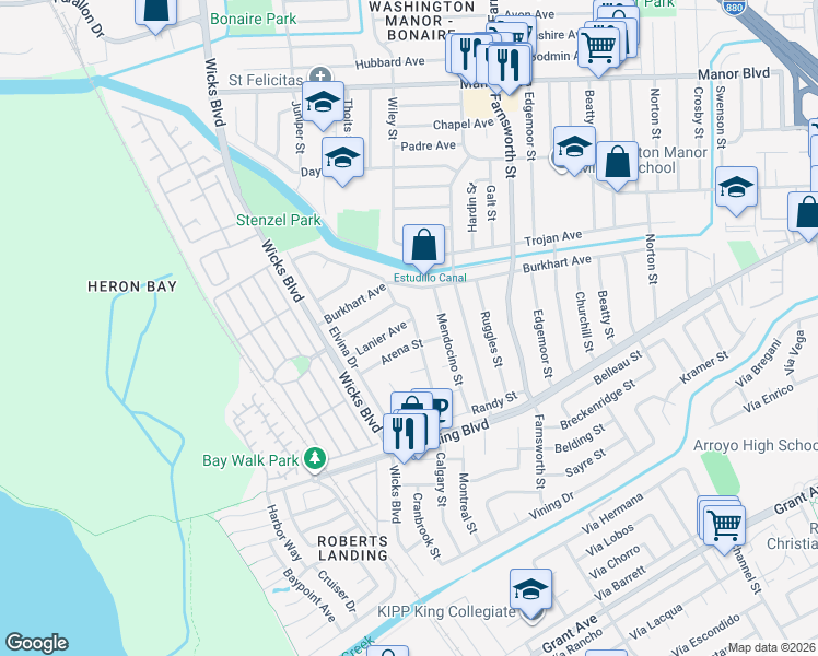 map of restaurants, bars, coffee shops, grocery stores, and more near 1608 Lanier Avenue in San Leandro