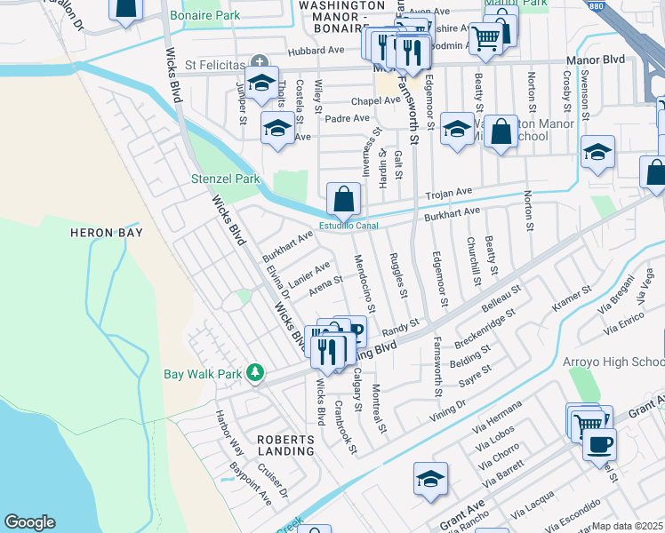 map of restaurants, bars, coffee shops, grocery stores, and more near 1608 Lanier Avenue in San Leandro