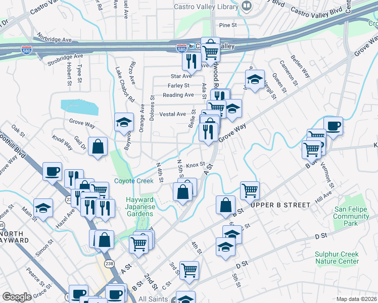 map of restaurants, bars, coffee shops, grocery stores, and more near 1828 Knox Street in Castro Valley