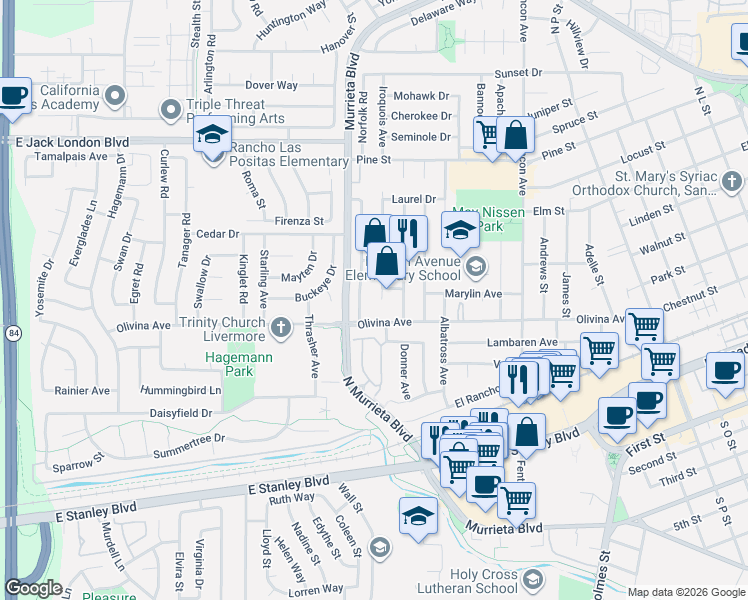 map of restaurants, bars, coffee shops, grocery stores, and more near 740 Olivina Avenue in Livermore