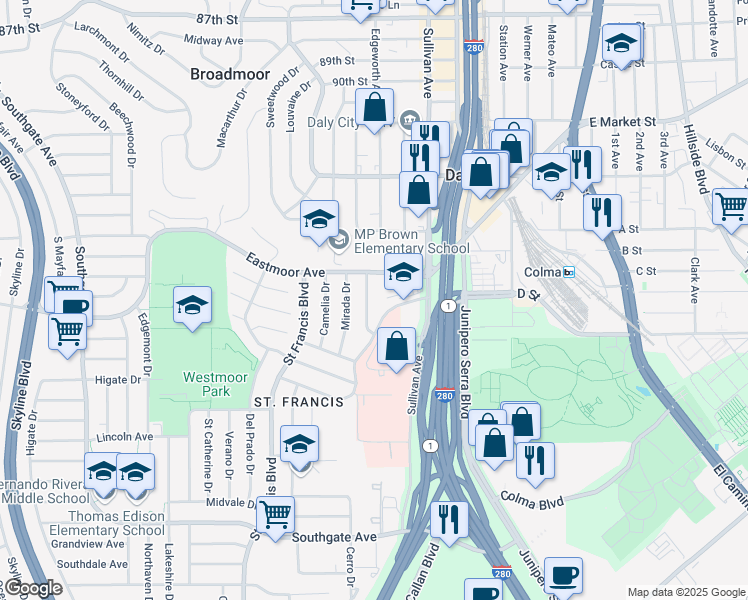 map of restaurants, bars, coffee shops, grocery stores, and more near 139 Santa Paula Drive in Daly City