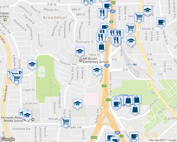 map of restaurants, bars, coffee shops, grocery stores, and more near 139 Santa Paula Drive in Daly City
