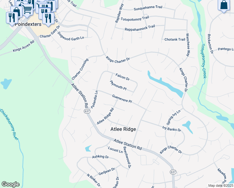 map of restaurants, bars, coffee shops, grocery stores, and more near 9338 Guenevere Place in Mechanicsville
