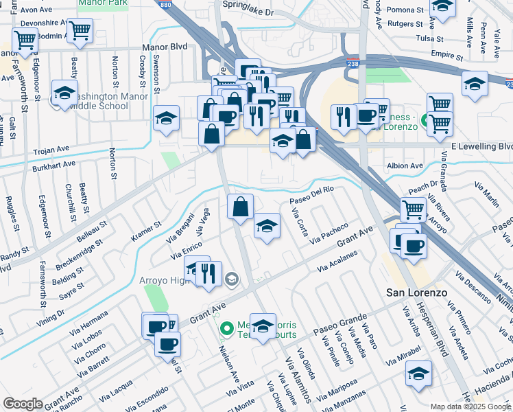 map of restaurants, bars, coffee shops, grocery stores, and more near 937 Ferro Drive in San Lorenzo