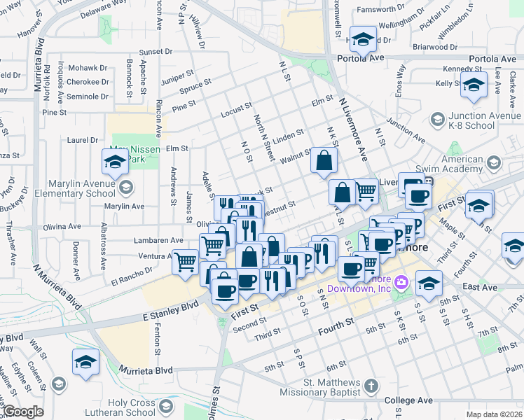 map of restaurants, bars, coffee shops, grocery stores, and more near 1651 Chestnut Street in Livermore