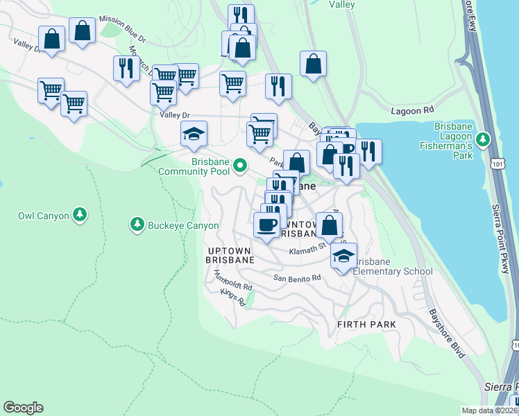 map of restaurants, bars, coffee shops, grocery stores, and more near 460 Mendocino Street in Brisbane