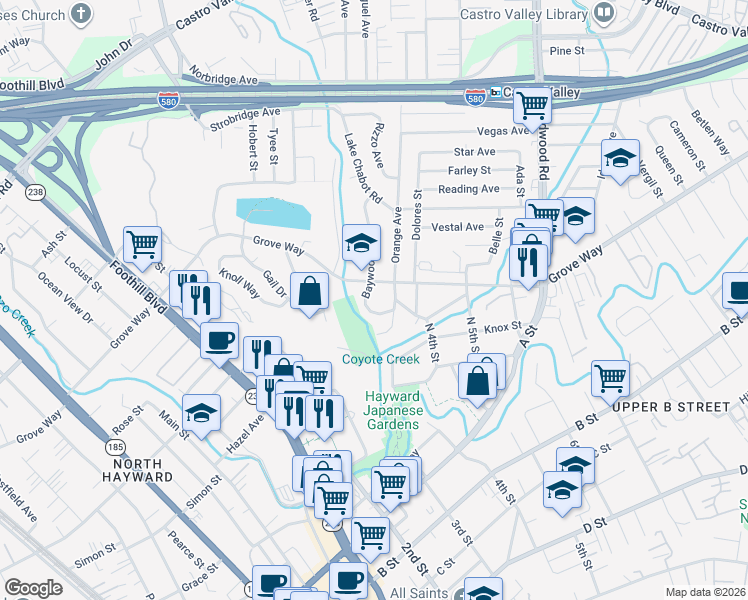 map of restaurants, bars, coffee shops, grocery stores, and more near 21928 Baywood Avenue in Castro Valley