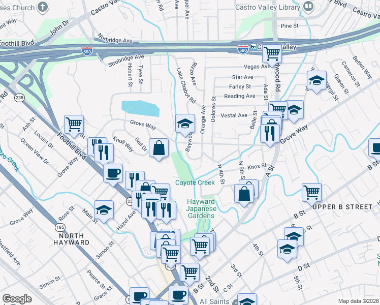 map of restaurants, bars, coffee shops, grocery stores, and more near 21928 Baywood Avenue in Castro Valley