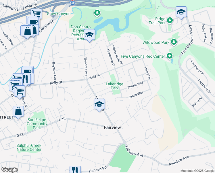 map of restaurants, bars, coffee shops, grocery stores, and more near 2955 Pickford Way in Hayward