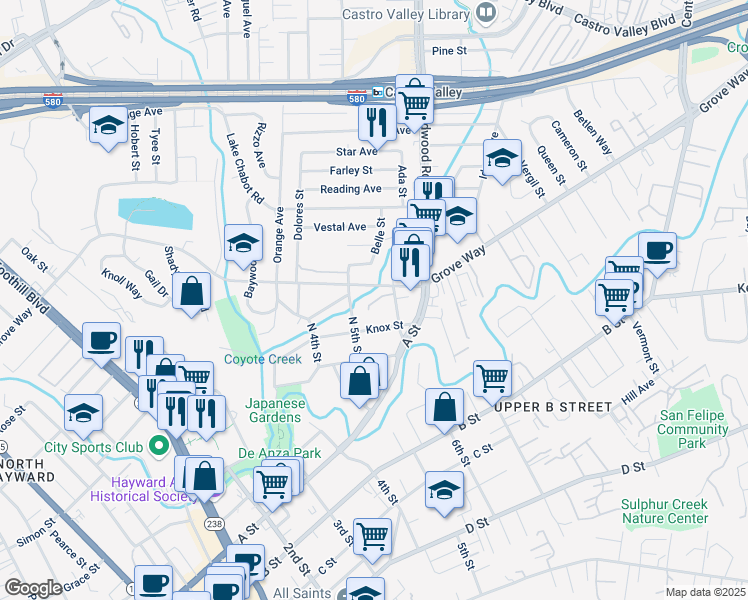 map of restaurants, bars, coffee shops, grocery stores, and more near 1828 Knox Street in Castro Valley