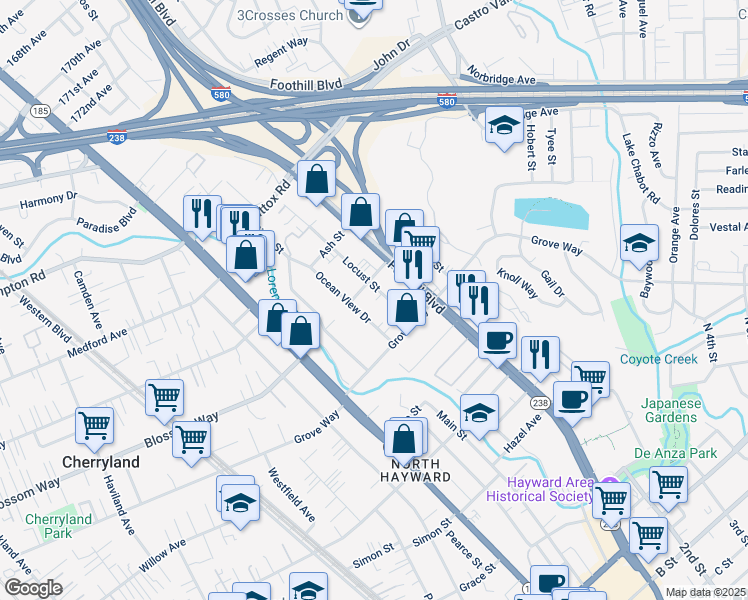 map of restaurants, bars, coffee shops, grocery stores, and more near 21438 Ocean View Drive in Hayward