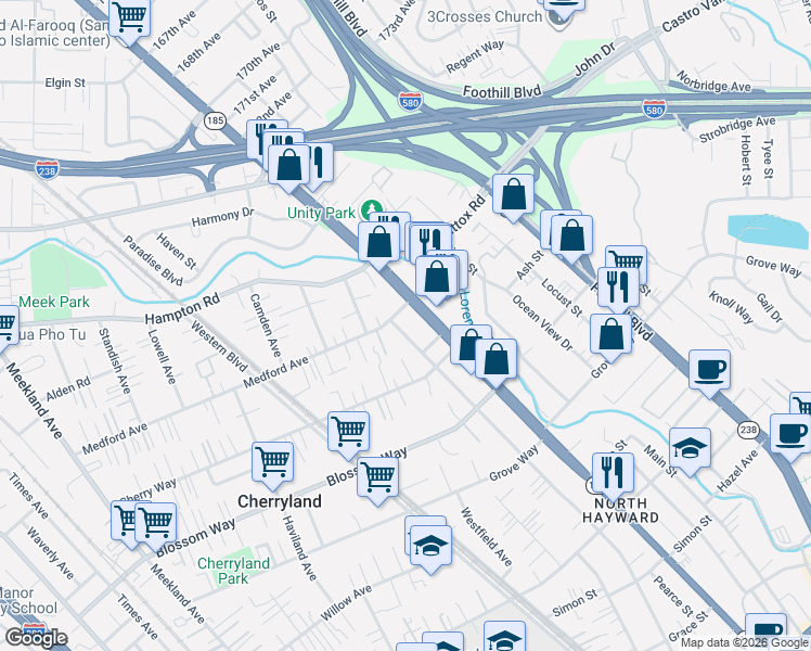 map of restaurants, bars, coffee shops, grocery stores, and more near 20936 Athens Court in Hayward