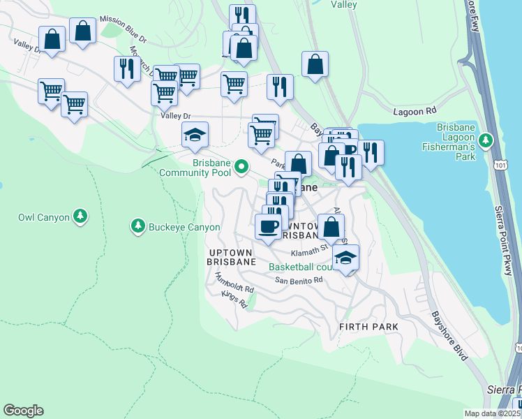 map of restaurants, bars, coffee shops, grocery stores, and more near 460 Mendocino Street in Brisbane