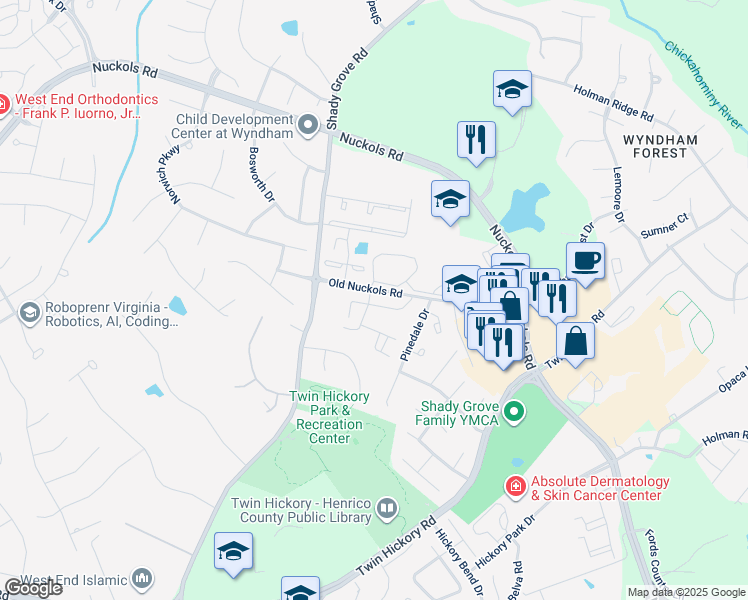 map of restaurants, bars, coffee shops, grocery stores, and more near 1345 New Haven Court in Glen Allen