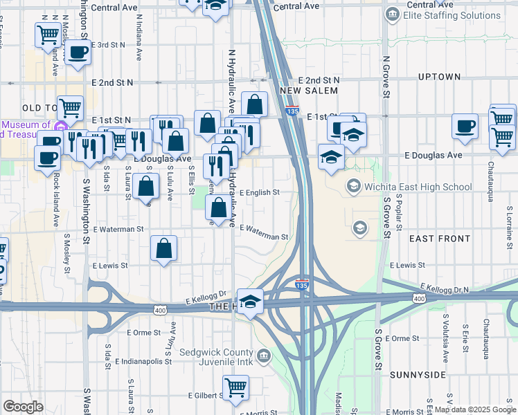 map of restaurants, bars, coffee shops, grocery stores, and more near 252 South Kansas Street in Wichita