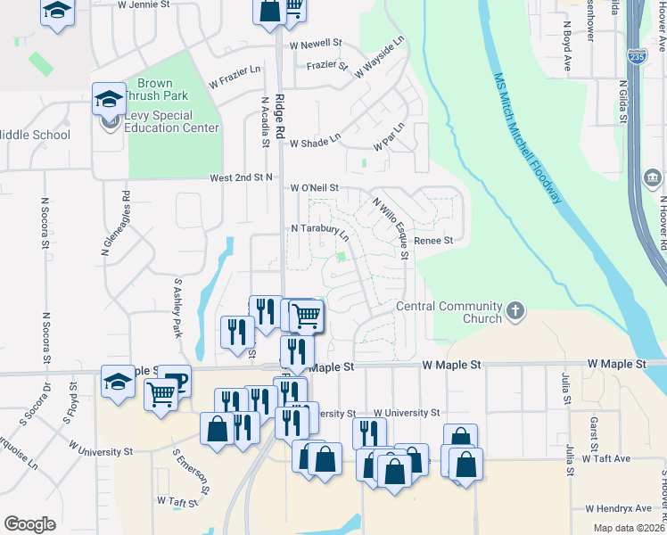 map of restaurants, bars, coffee shops, grocery stores, and more near 6935 El Robelai Circle in Wichita