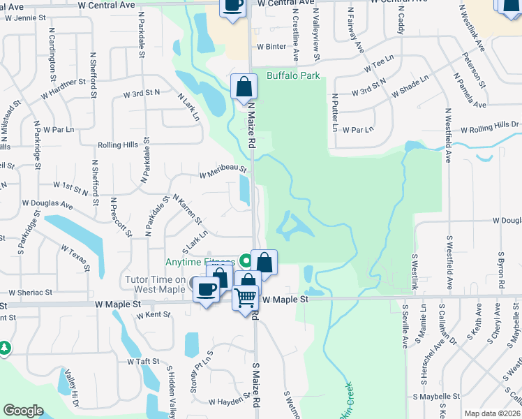 map of restaurants, bars, coffee shops, grocery stores, and more near 110 North Maize Road in Wichita