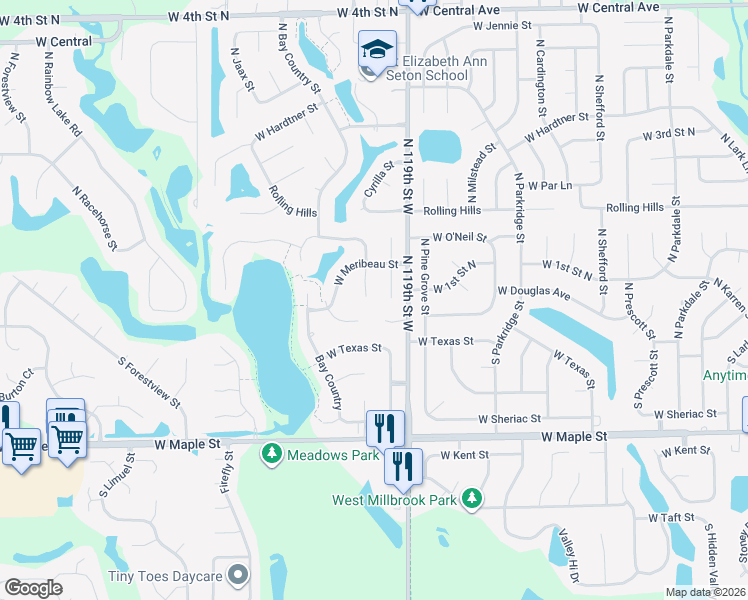 map of restaurants, bars, coffee shops, grocery stores, and more near 12339 Meribeau Court in Wichita