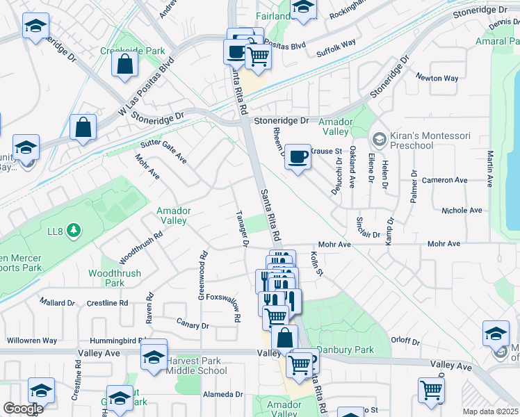 map of restaurants, bars, coffee shops, grocery stores, and more near 2503 Santa Rita Road in Pleasanton
