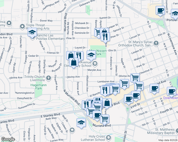 map of restaurants, bars, coffee shops, grocery stores, and more near 376 Albatross Avenue in Livermore