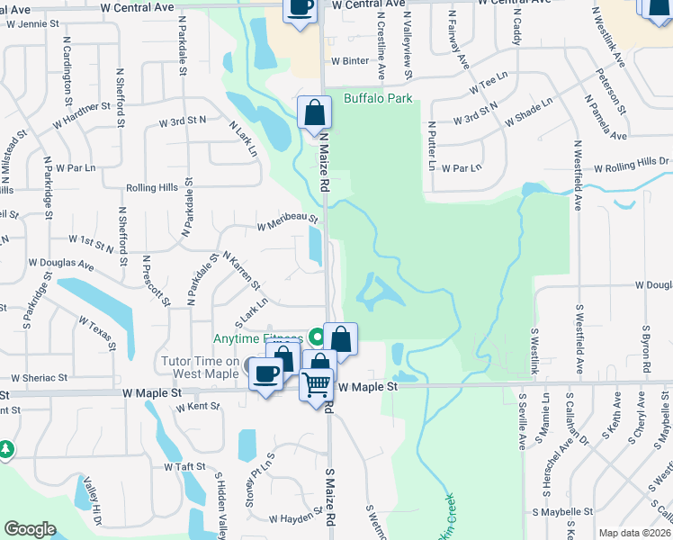 map of restaurants, bars, coffee shops, grocery stores, and more near 110 North Maize Road in Wichita