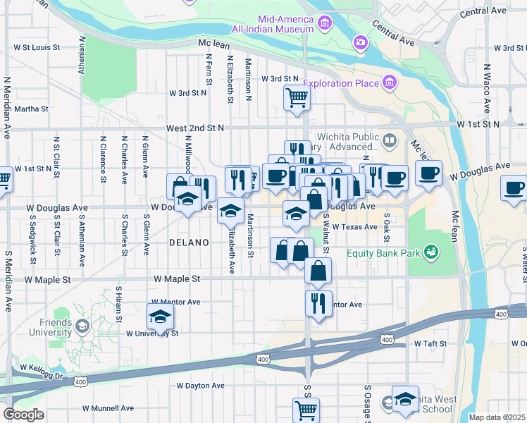 map of restaurants, bars, coffee shops, grocery stores, and more near 128 South Martinson Street in Wichita