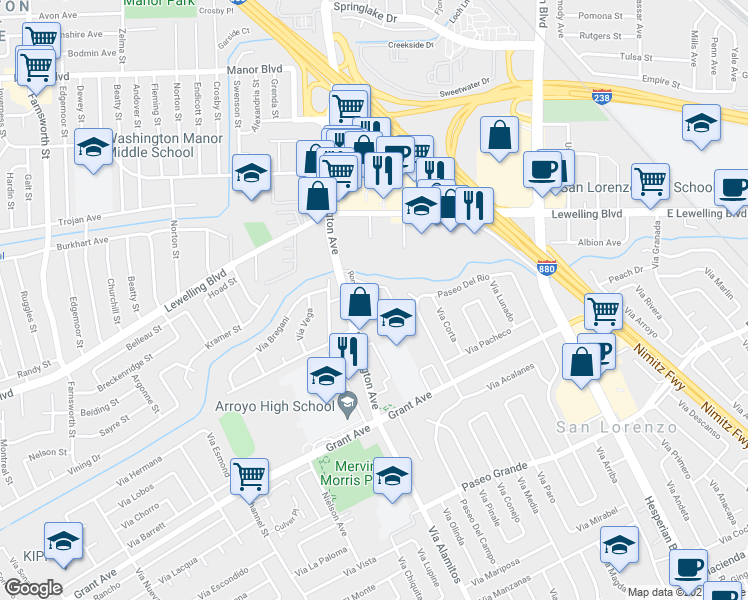 map of restaurants, bars, coffee shops, grocery stores, and more near 977 Ferro Drive in San Lorenzo